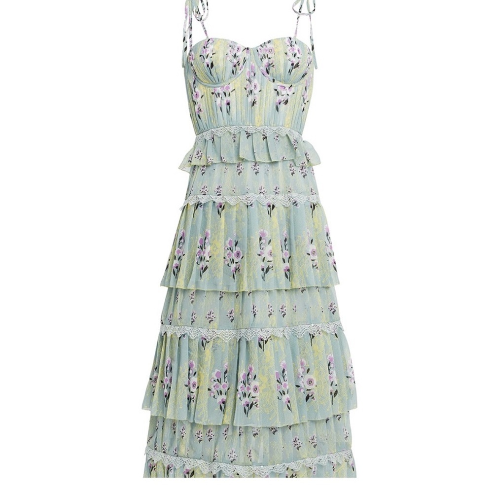 Self-Portrait Green Floral Tiered Midi Dress